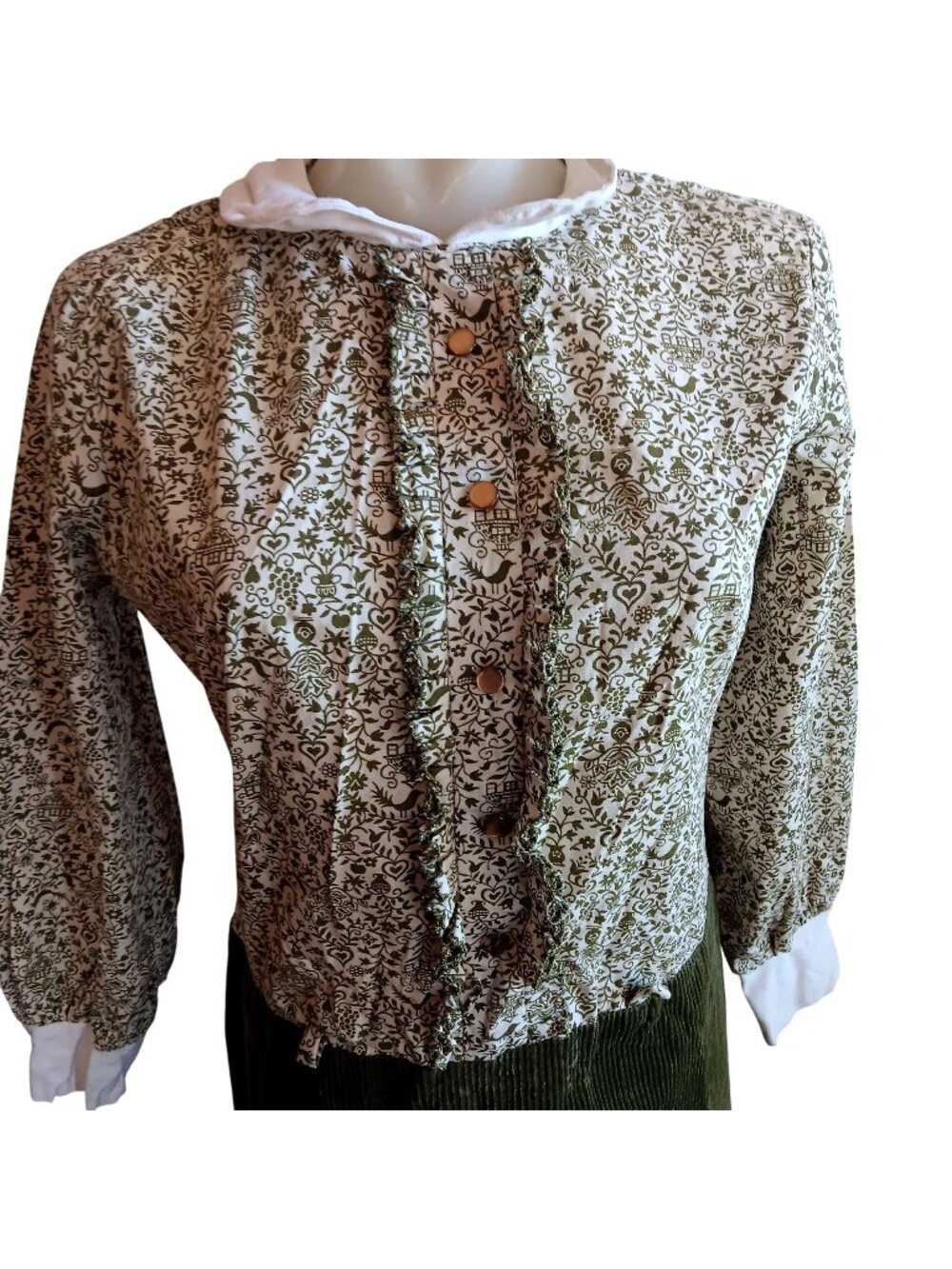 True Vintage Dress 1960's sz 8 1OF1 Green Mod Floral Button-Up Ruffle Country